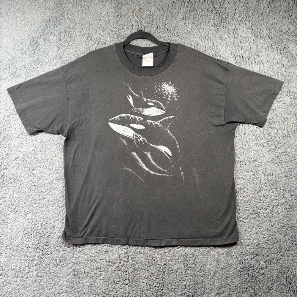 Vintage 90s Orca Killer Whale T-Shirt XL Single Stitch Faded Black Nature Marine